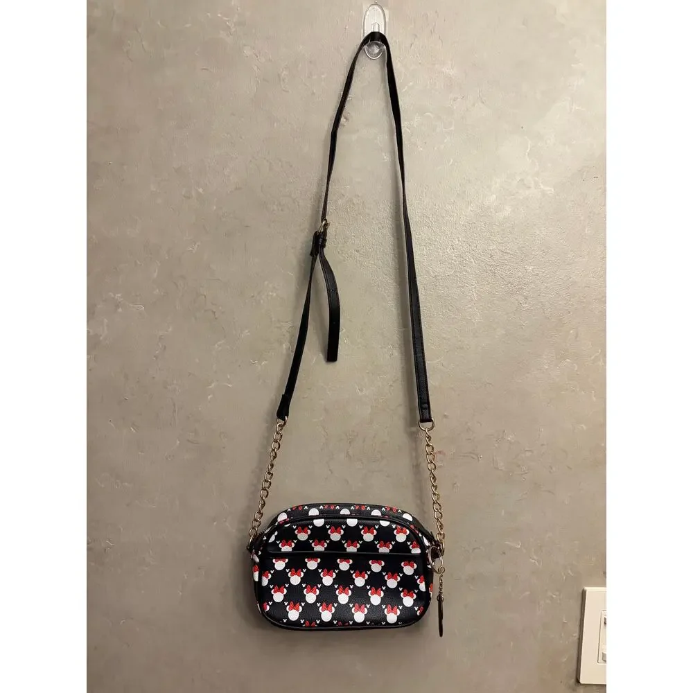 Disney Minnie Mouse Camera Crossbody Bag Black Red Bow Print Chain Strap Purse